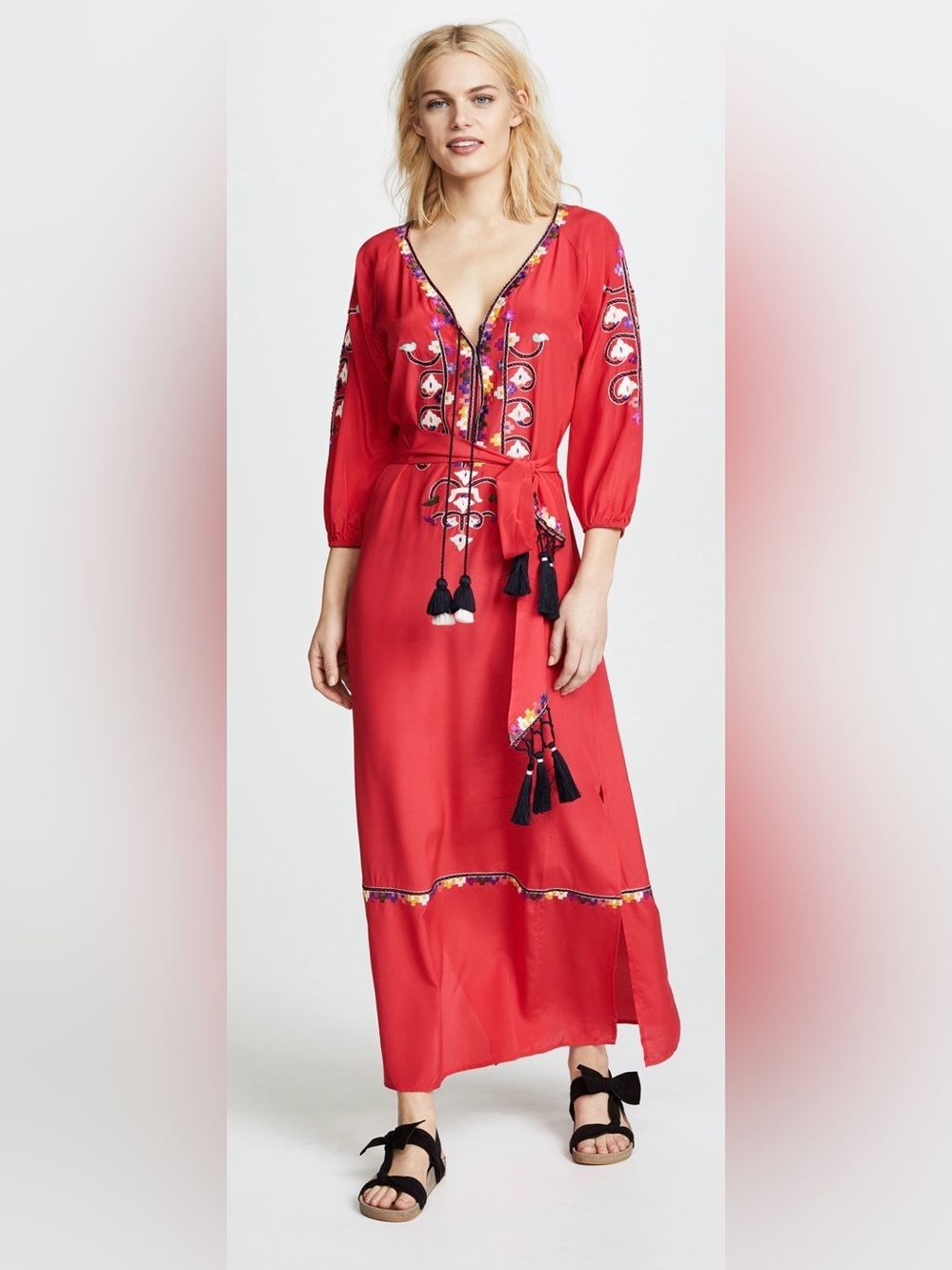 NWT Figue Luxury Embroidered Silk Wrap Caftan Dress Red Boho $1295 MSRP